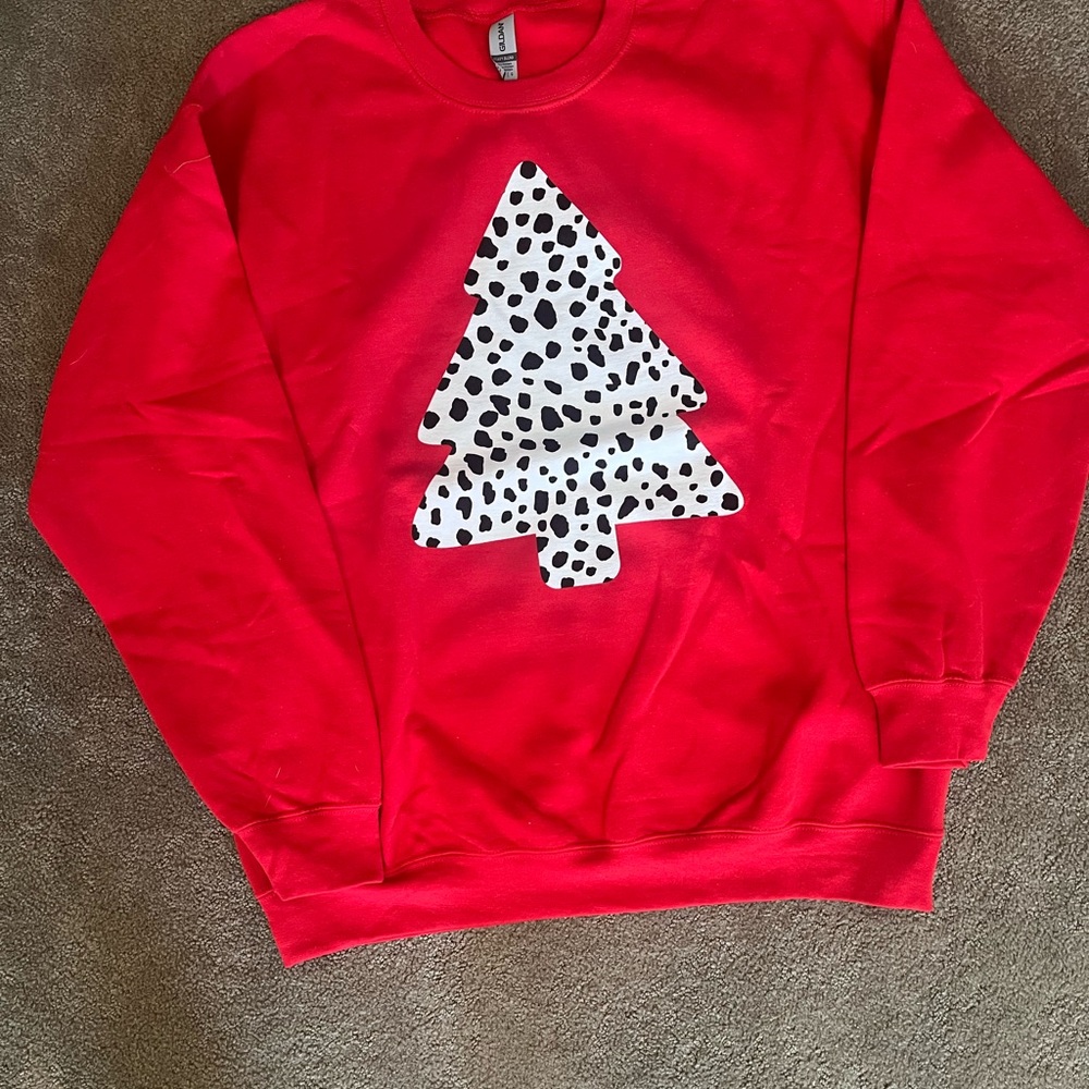 Red Sweatshirt with Dalmatian Print Christmas Tree NWOT